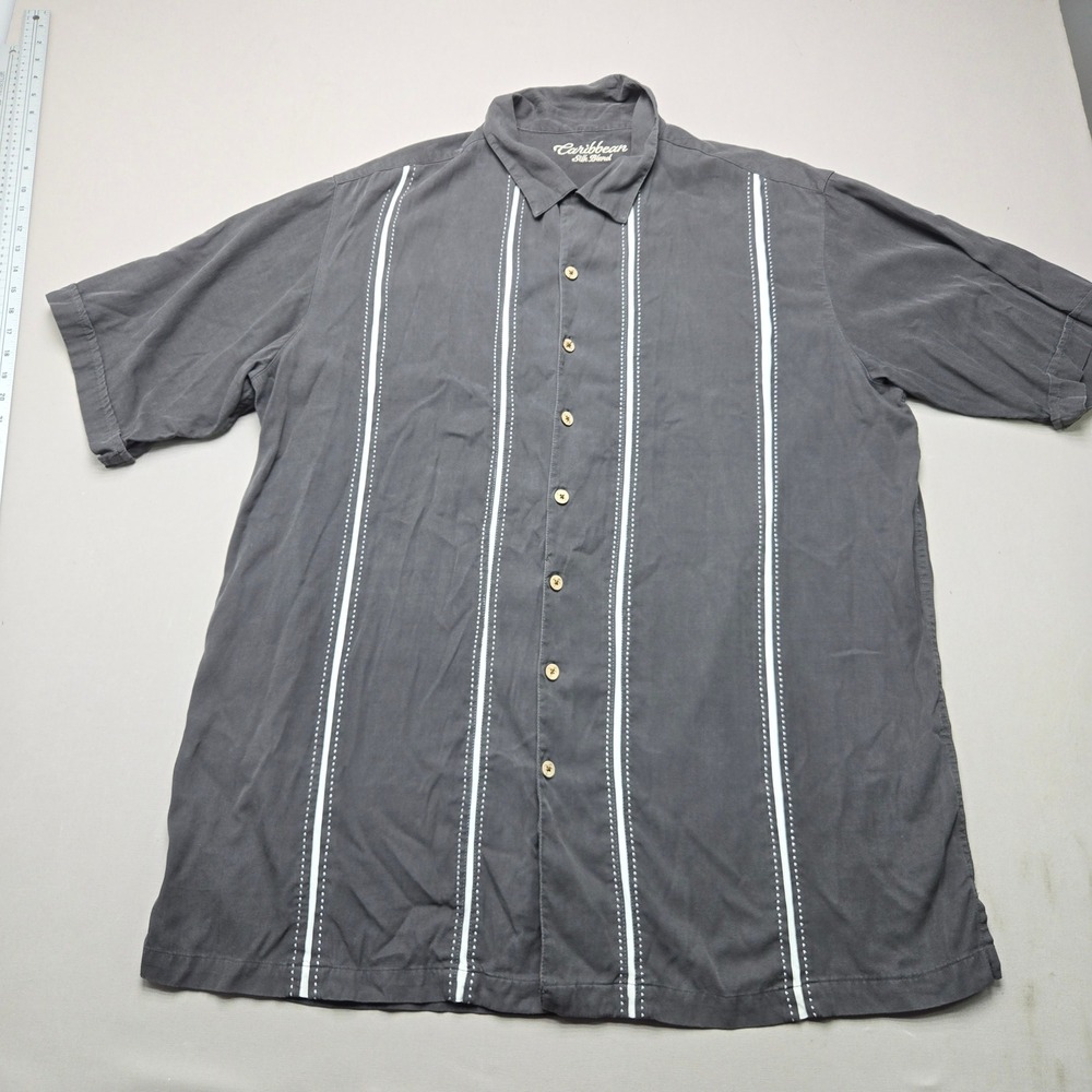 Caribbean Button Down Shirt Silk Blend Stripe Gray Mens 3XT